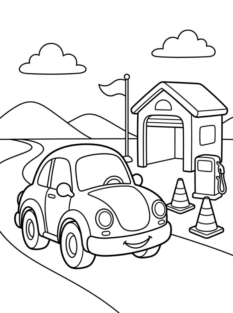 Auto rijdt langs benzinestation met kegels