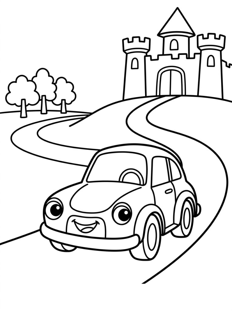 Auto met ogen rijdt over weg naar kasteel