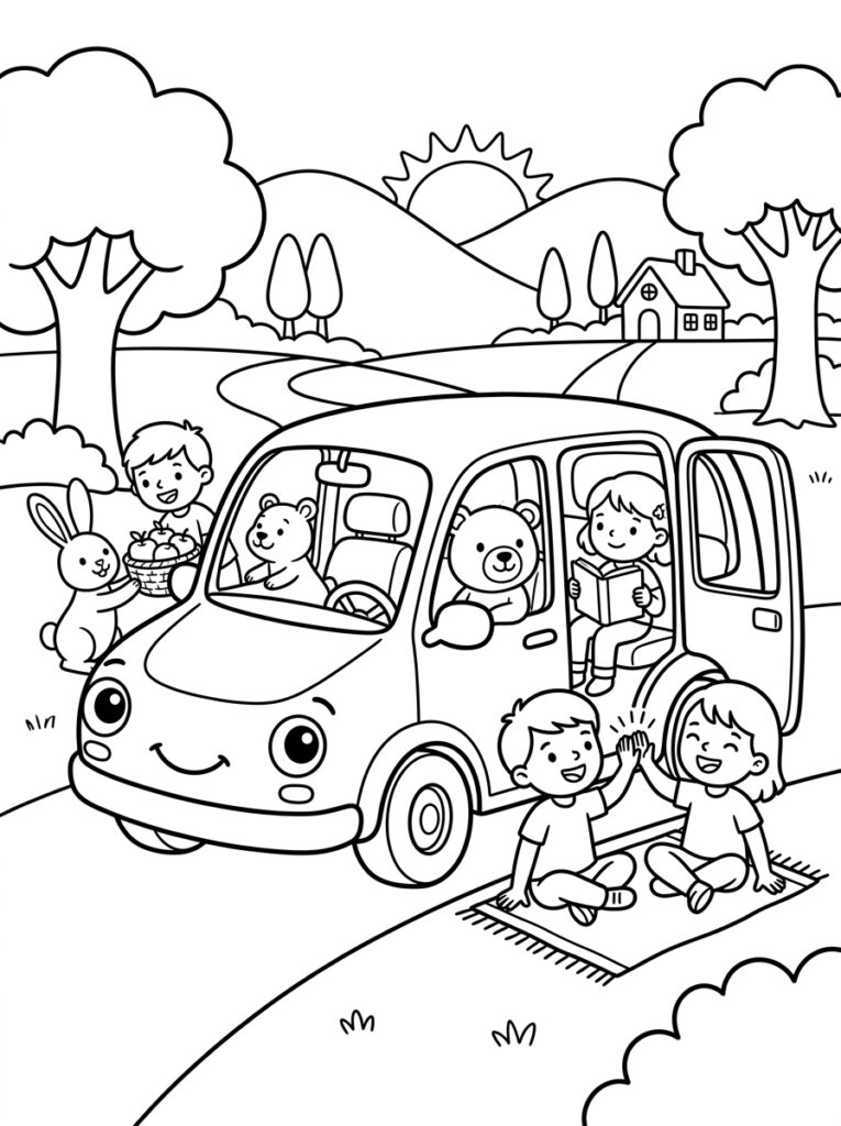Auto met kinderen beren en konijn
