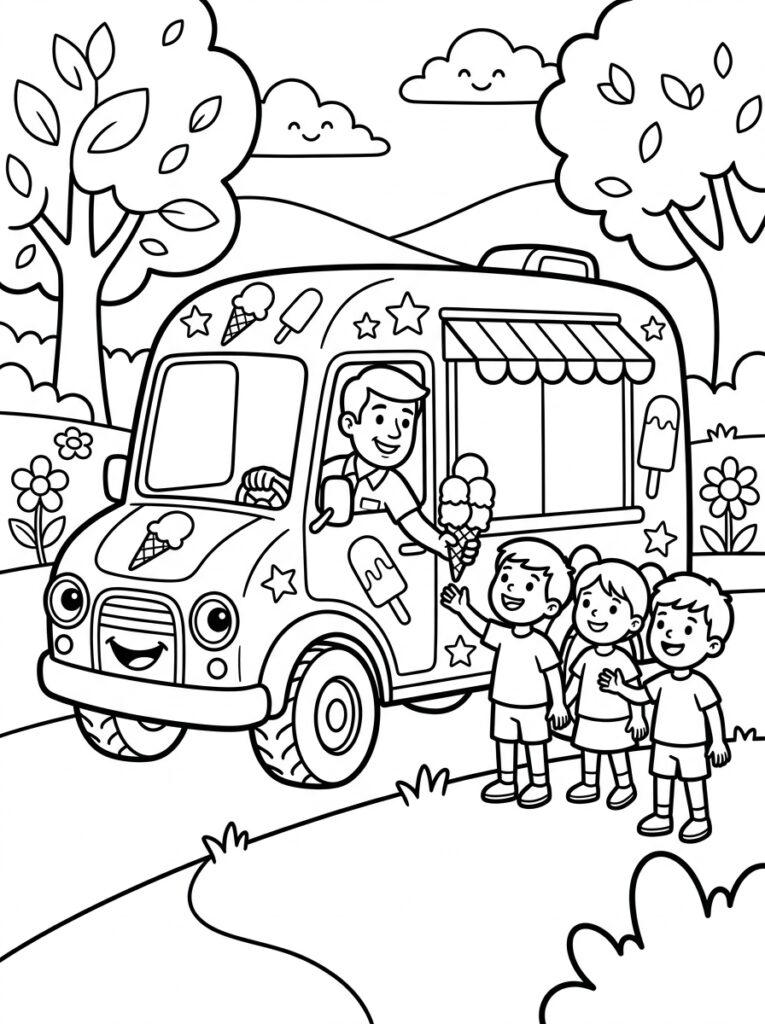 IJsauto met man en drie kinderen