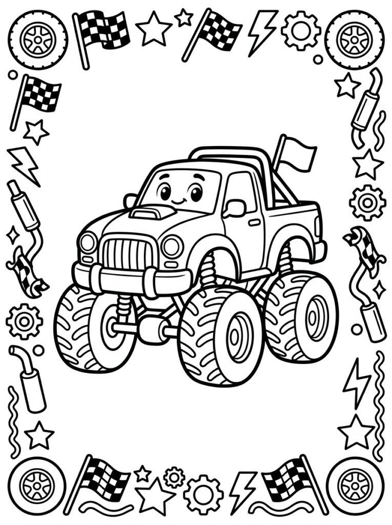 Monstertruck met lachend gezicht en grote wielen