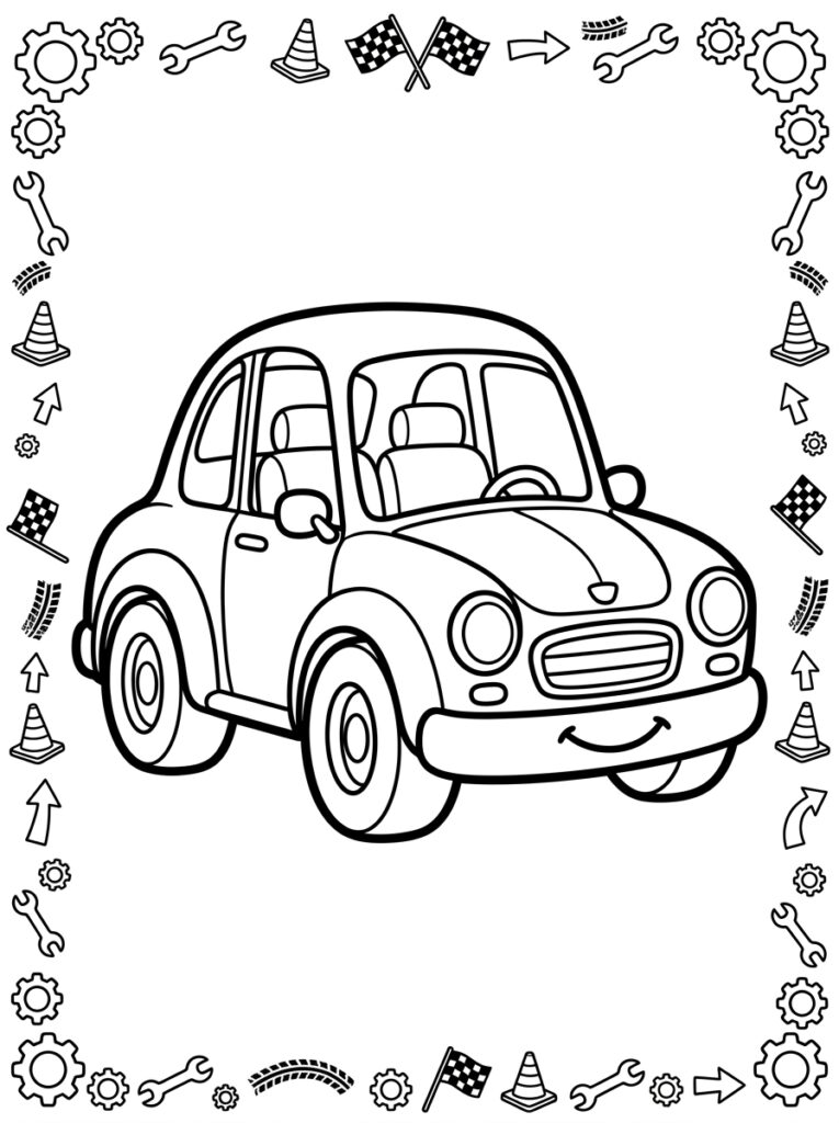 Auto met glimlach tussen kegels en moersleutels