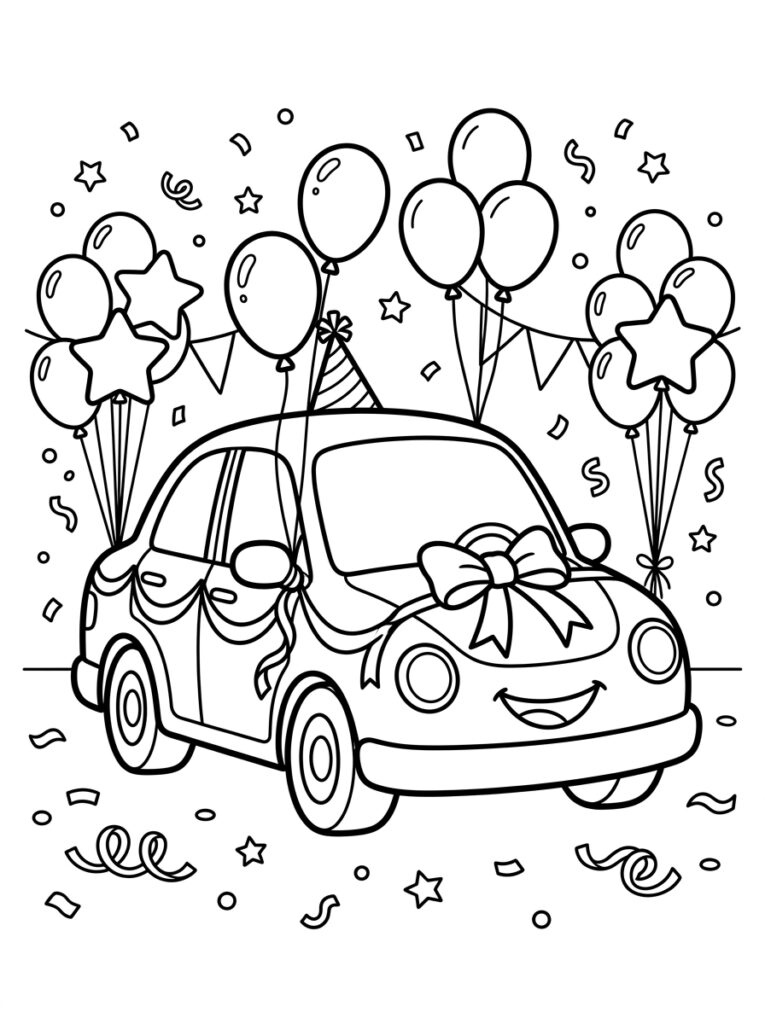 Auto met grote strik en feestballonnen