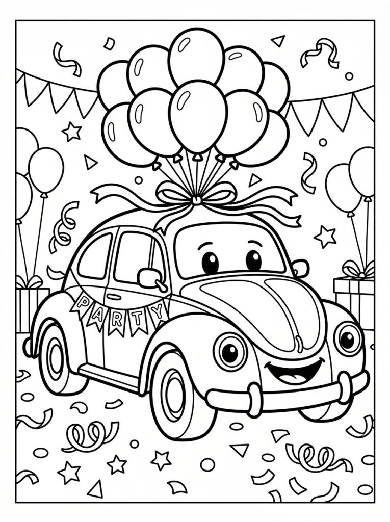 Auto met partybanner en ballonnenbundel