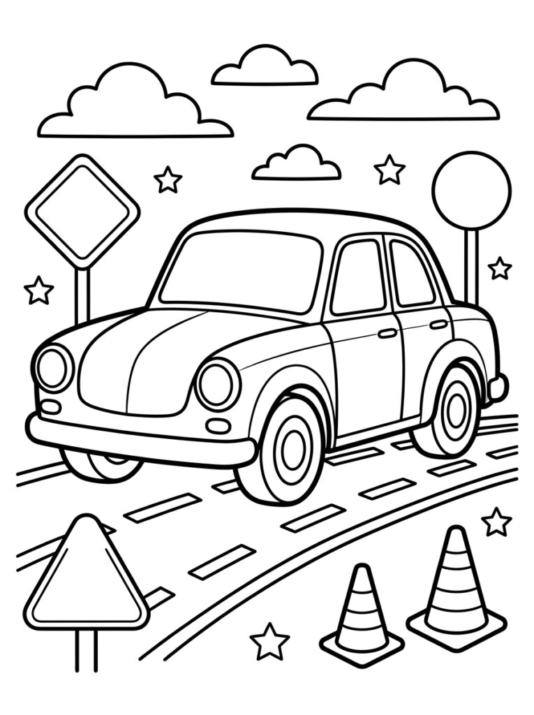 Auto op weg met borden en kegels