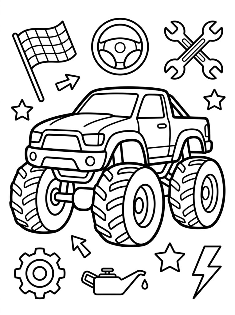 Monstertruck met grote wielen en moersleutels