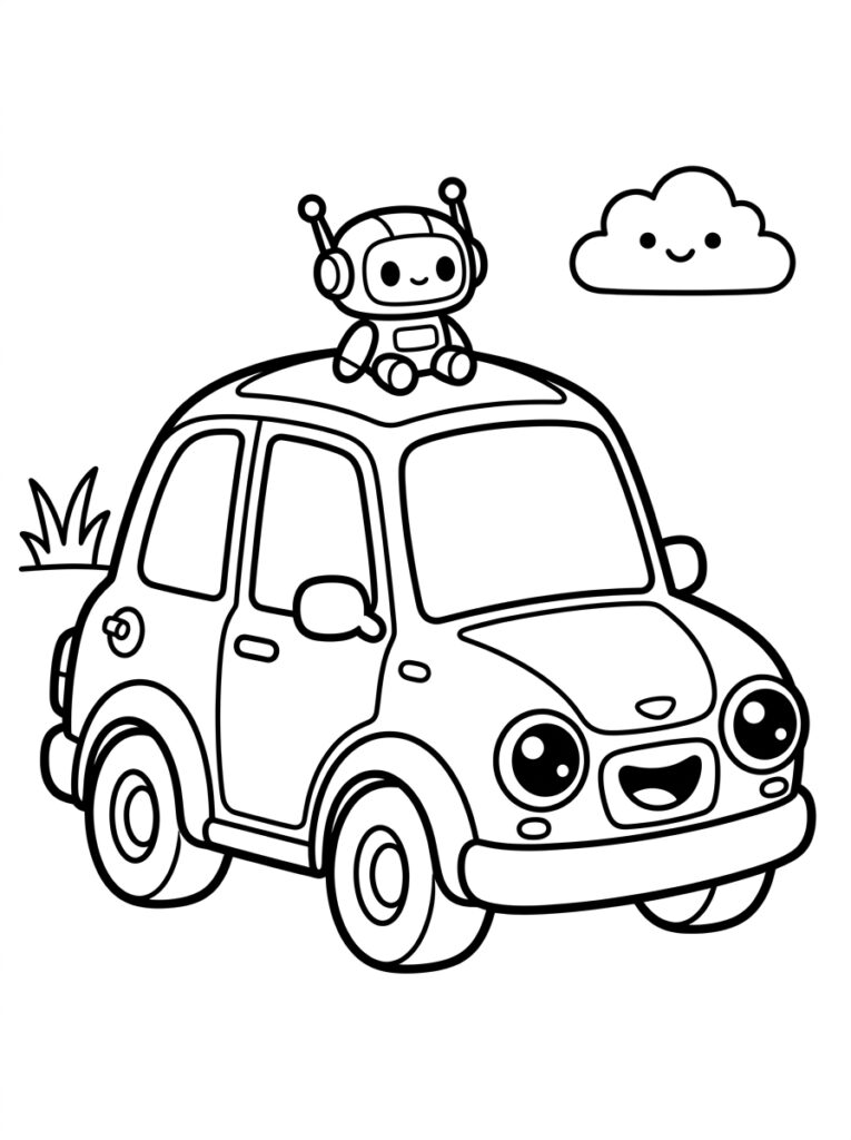 Robot op auto met lachende wolk