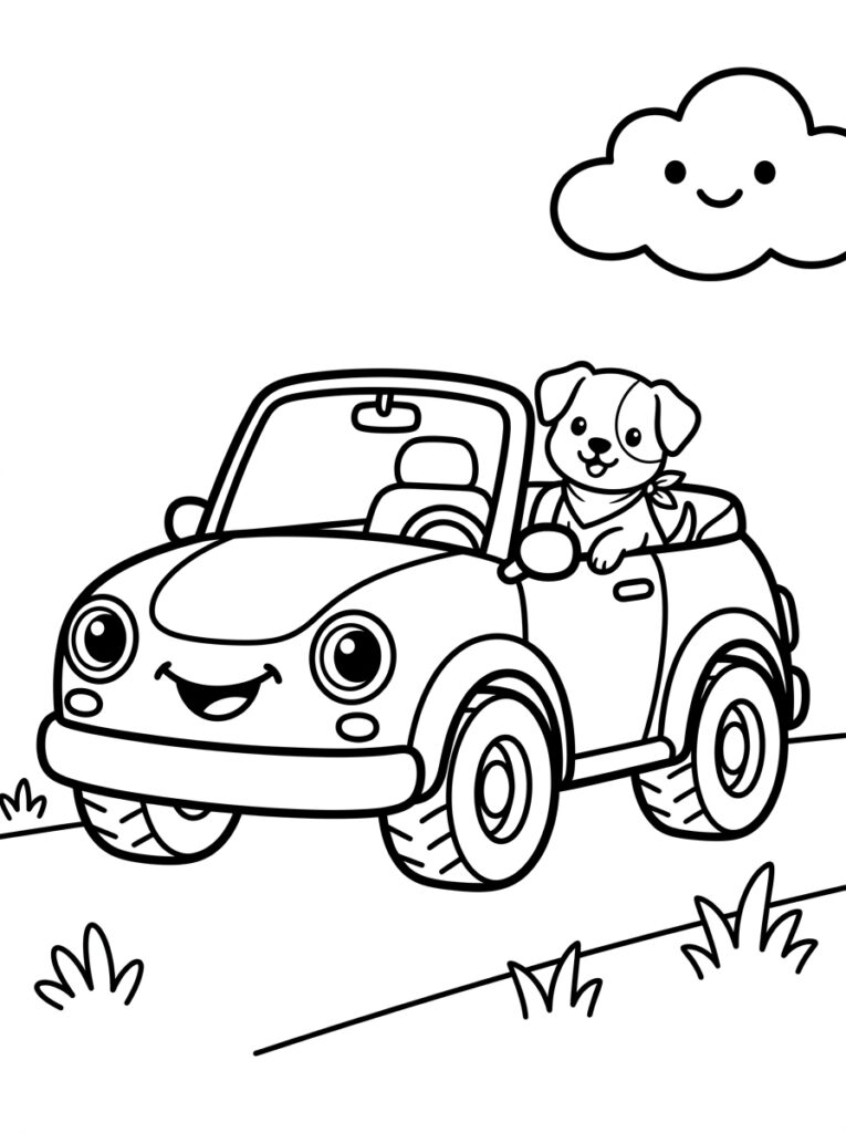 Hond in cabriolet auto met lachende wolk