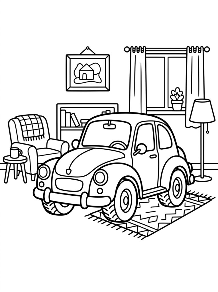 Auto in woonkamer met fauteuil en boekenkast