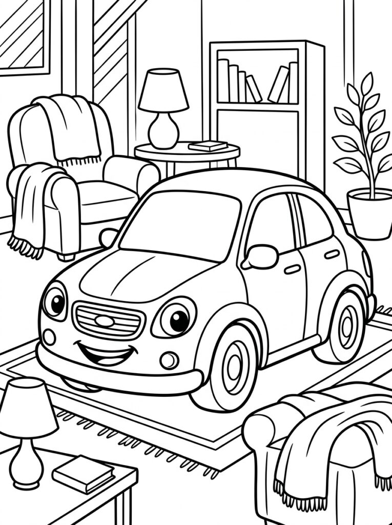 Auto in woonkamer met stoelen lampen en plant