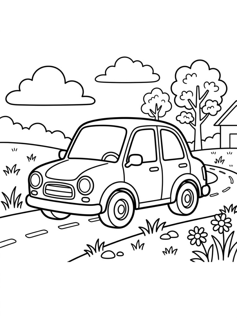 Kleine auto rijdt over weg met bomen en bloemen