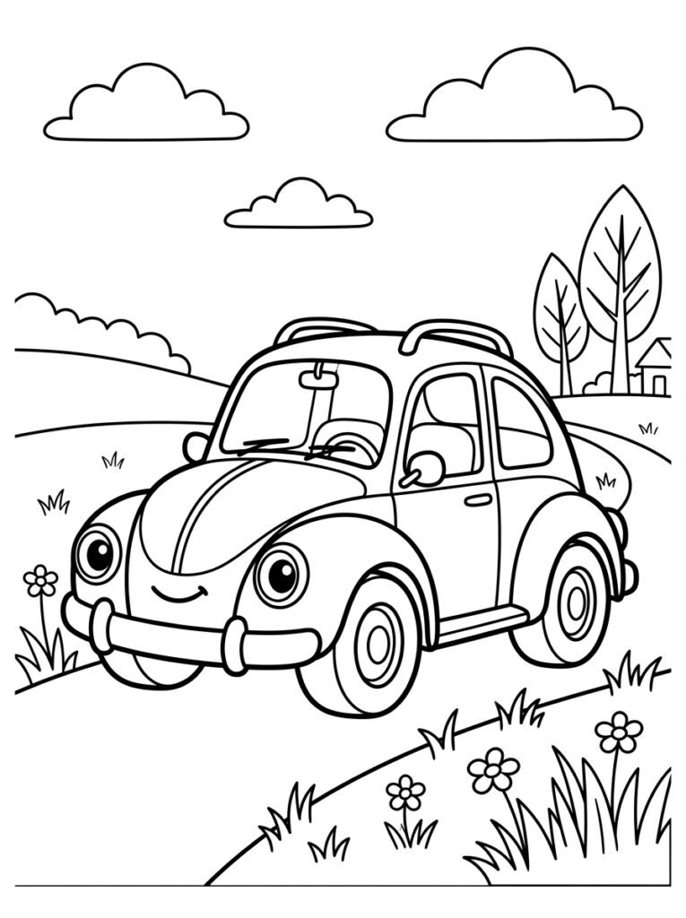 Keverauto met ogen rijdt over heuvel met bloemen
