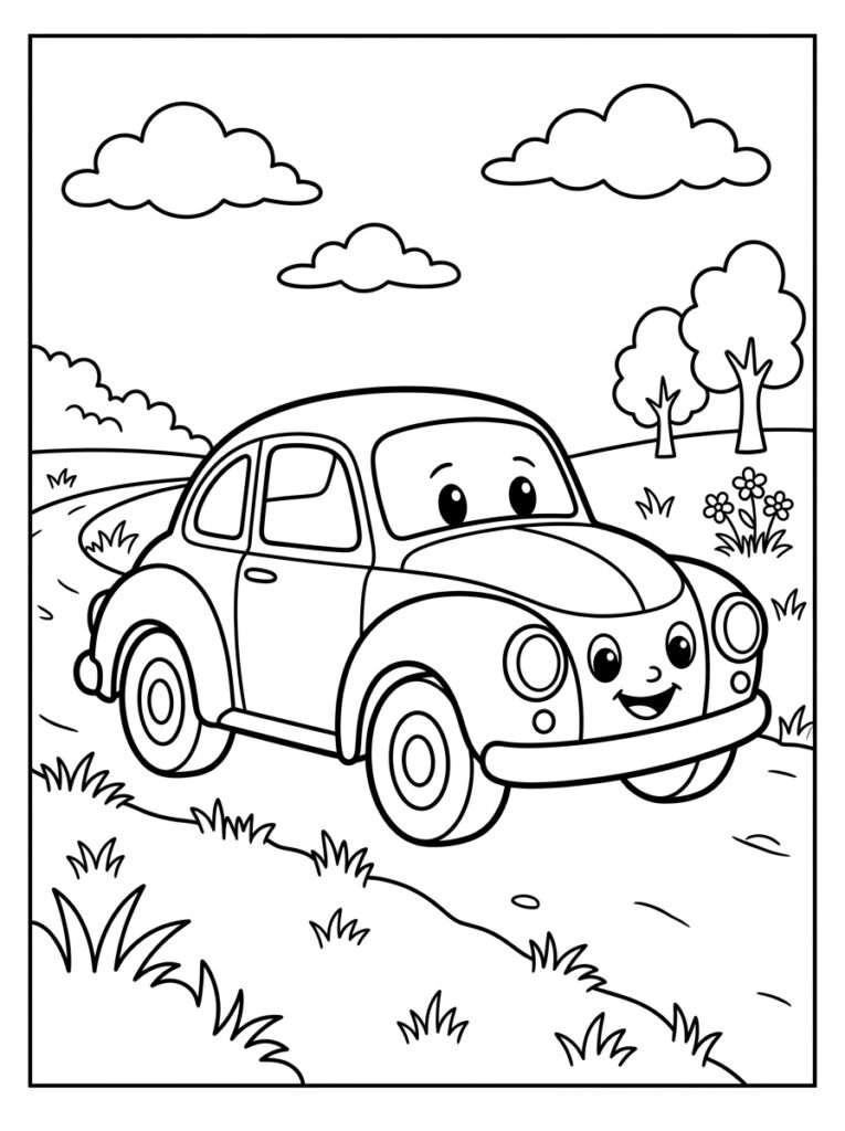 Lachende auto met ogen op zandpad met gras