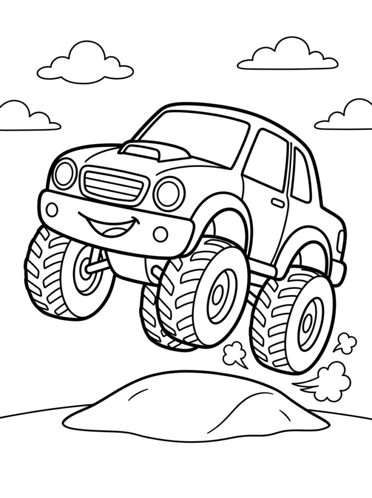 Monstertruck springt over zandheuvel met rook