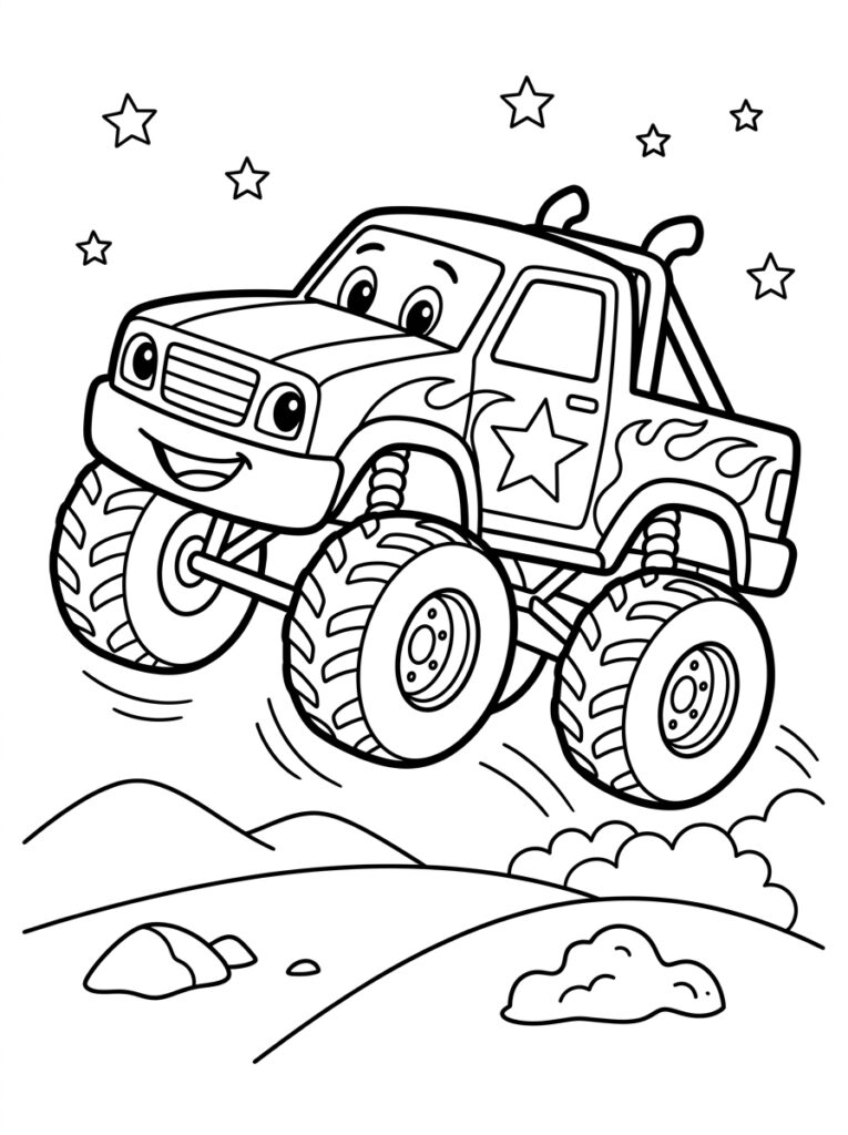 Monstertruck met vlammen en ster springt omhoog