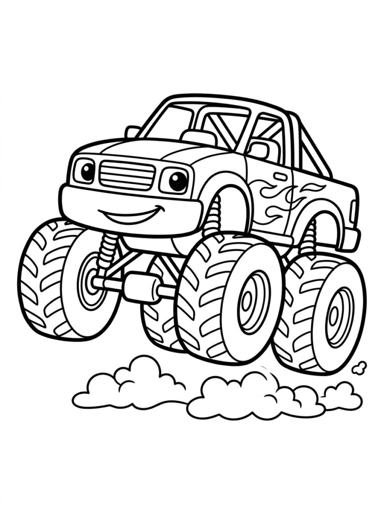 Monstertruck met lach en grote wielen in sprong
