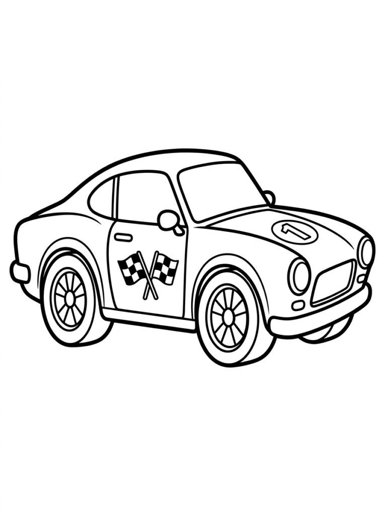 Raceauto met nummer één en geruite vlaggen
