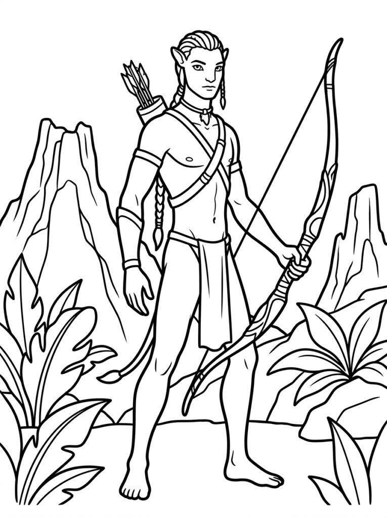 Avatar met boog tussen rotsen en planten