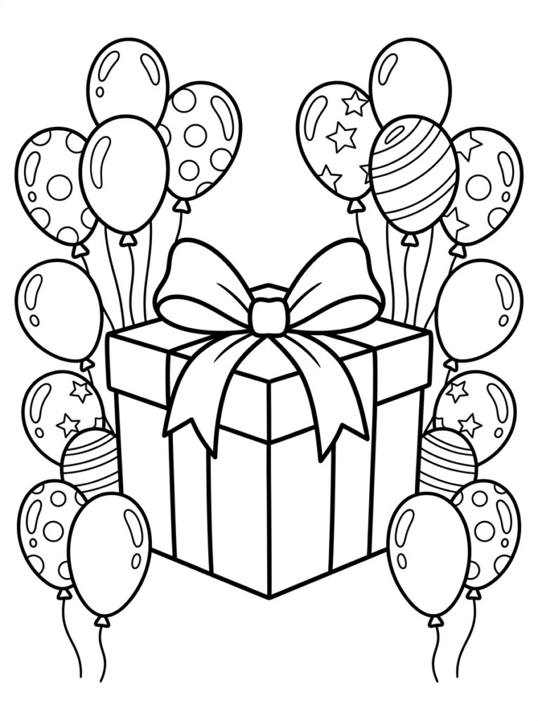 Kleurplaat van een groot cadeau met strik omgeven door ballonnen met stippen en strepen