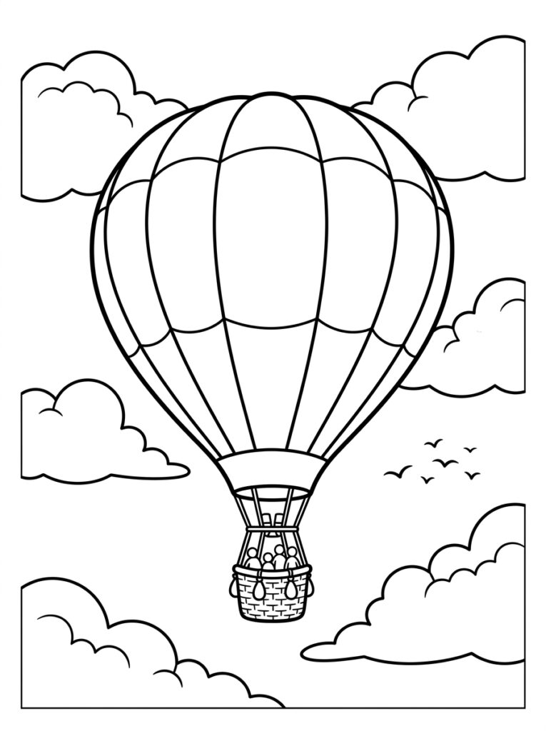 Kleurplaat van een luchtballon met mand en passagiers tussen wolken en vogels
