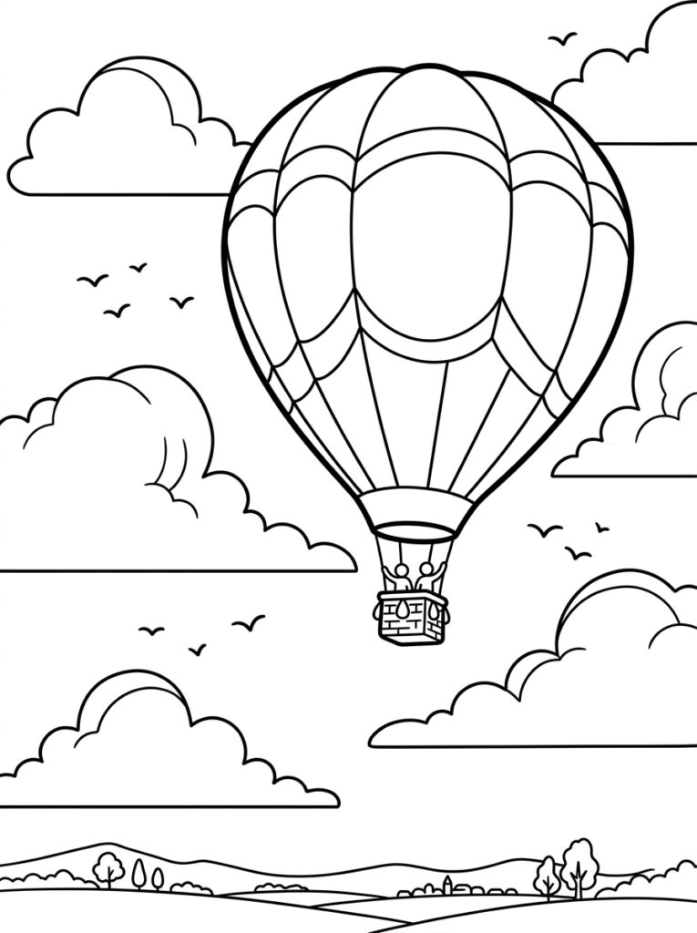 Kleurplaat van een luchtballon boven een landschap met regenboog, heuvels en vogels