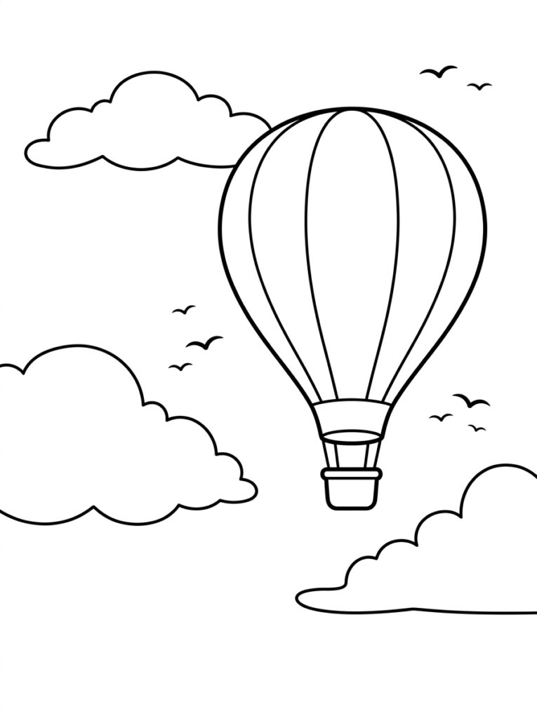Kleurplaat van een luchtballon vliegend tussen wolken en vogels