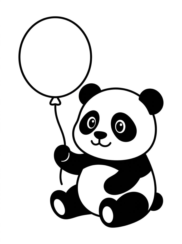 Kleurplaat van een panda die een ronde ballon vasthoudt