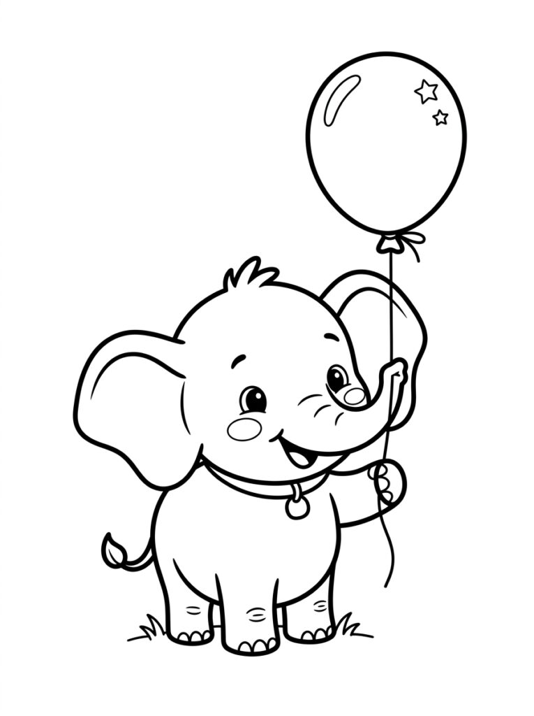Kleurplaat van een vrolijke olifant met een ballon met sterren
