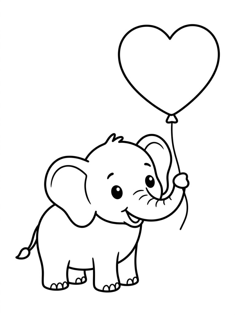 Kleurplaat van een olifant met een hartvormige ballon