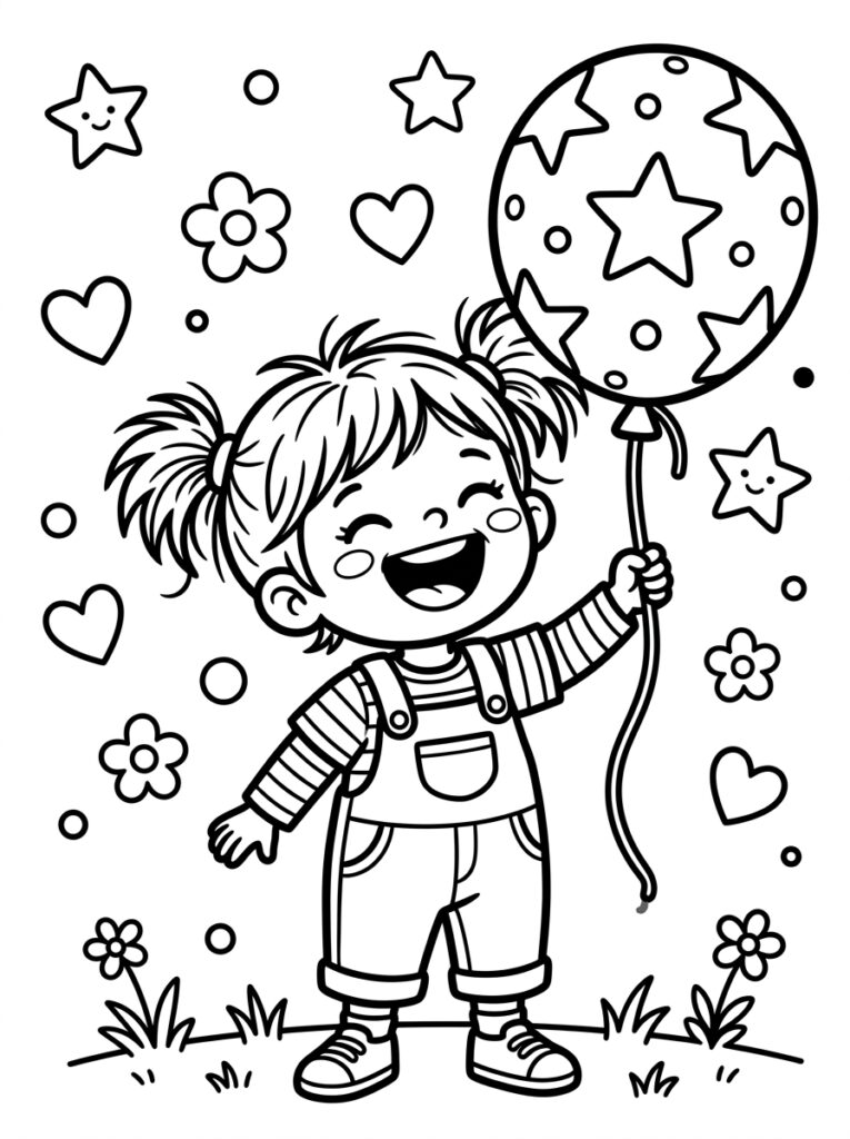 Kleurplaat van een lachend meisje met sterrenballon omringd door bloemen, harten en sterren