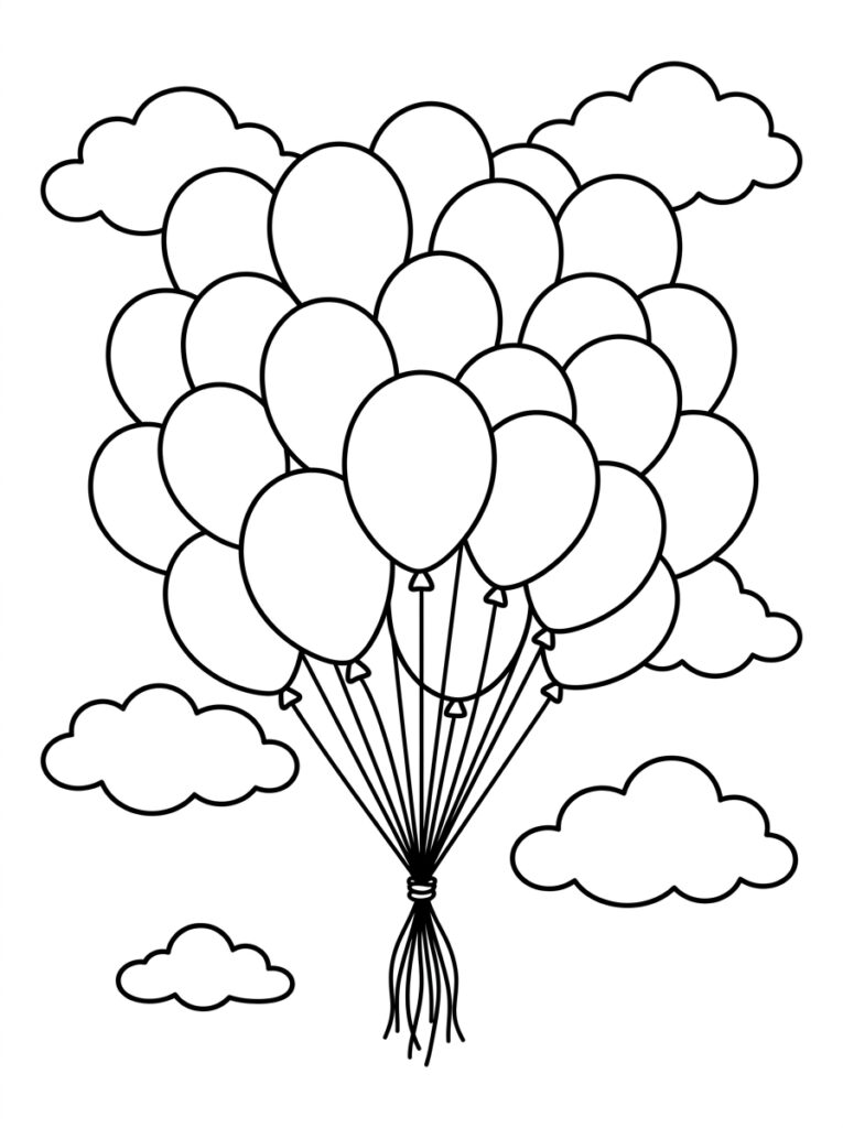 Kleurplaat van een grote bos ballonnen met wolken op de achtergrond