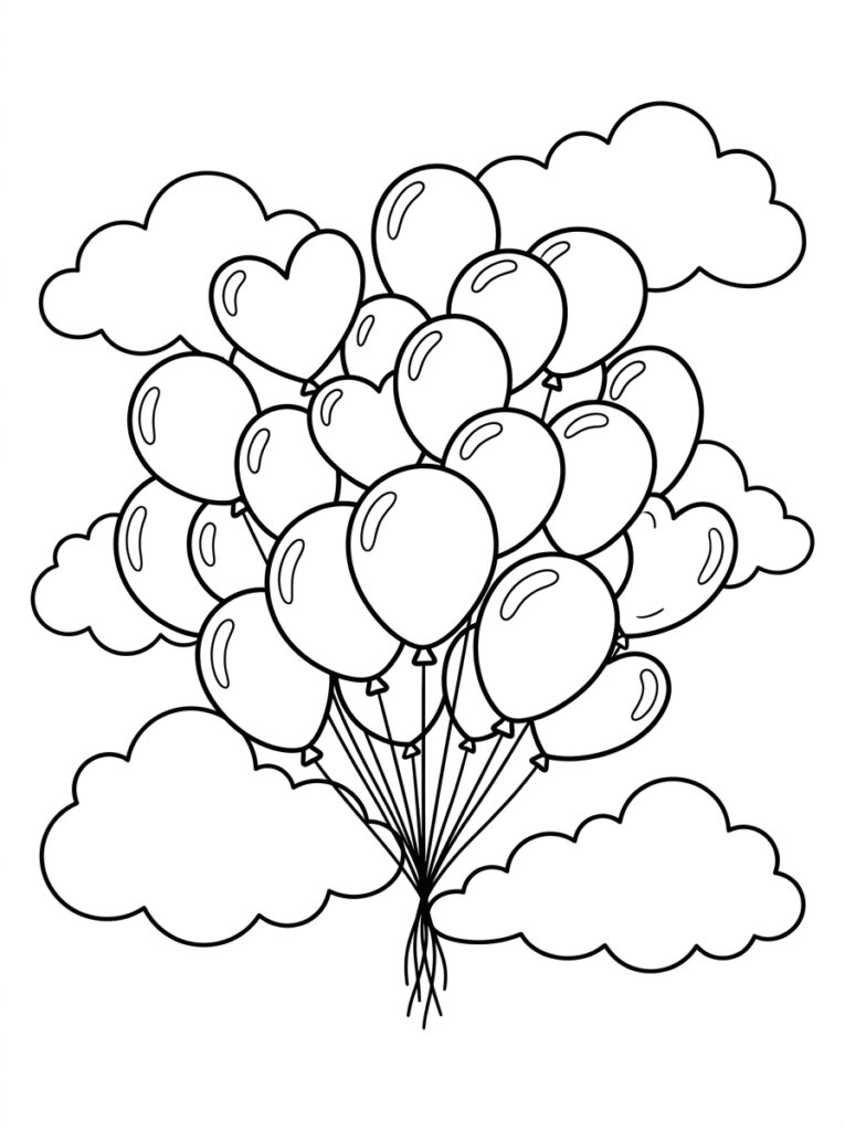 Kleurplaat van een bos ballonnen met hartballonnen en wolken