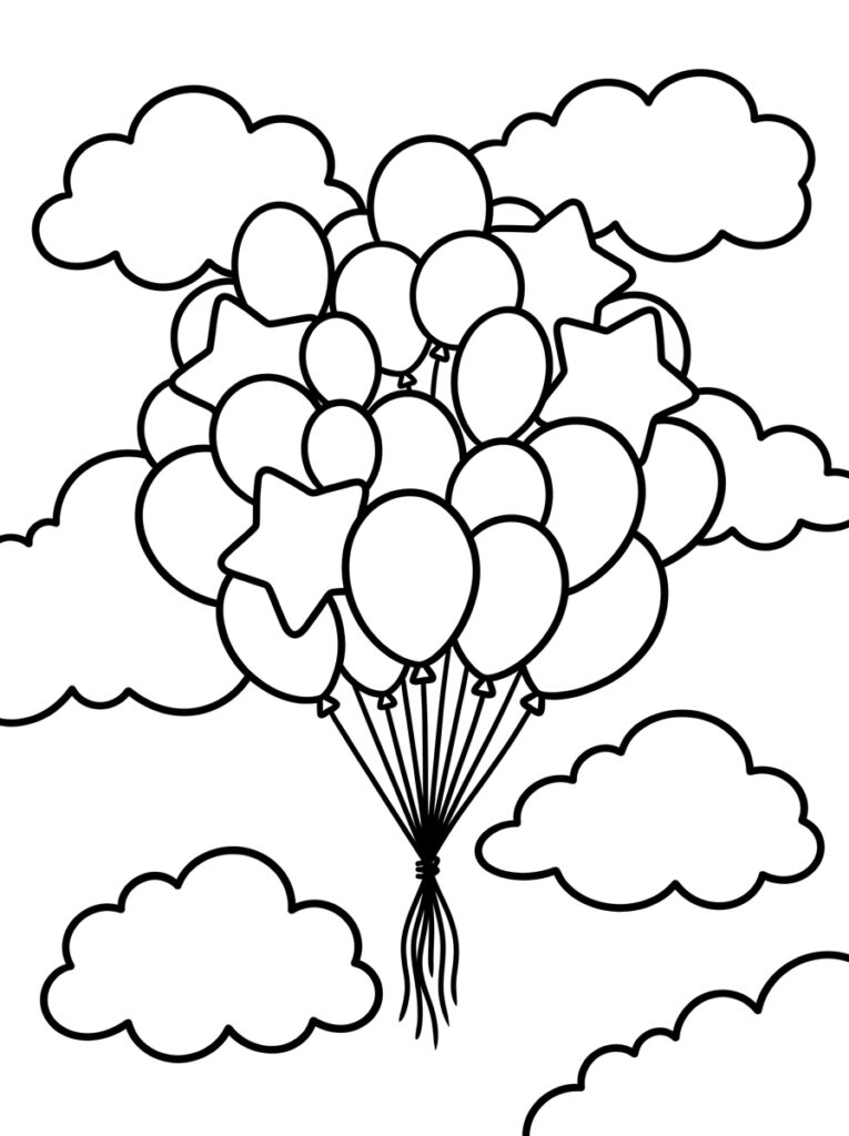 Kleurplaat van een bos ballonnen met sterballonnen en wolken