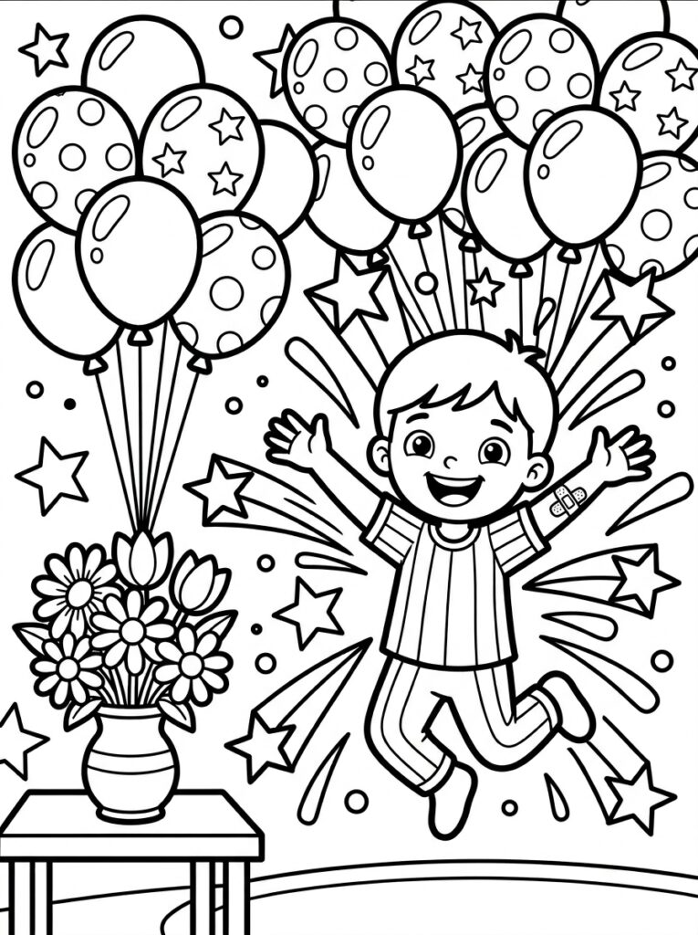 Jongen met gipsarm springt tussen ballonnen en bloemen