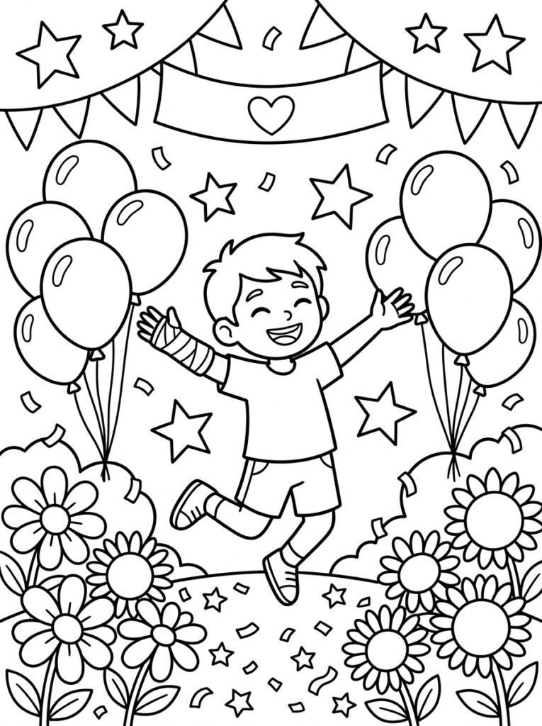 Jongen met gipsarm danst tussen ballonnen en bloemen