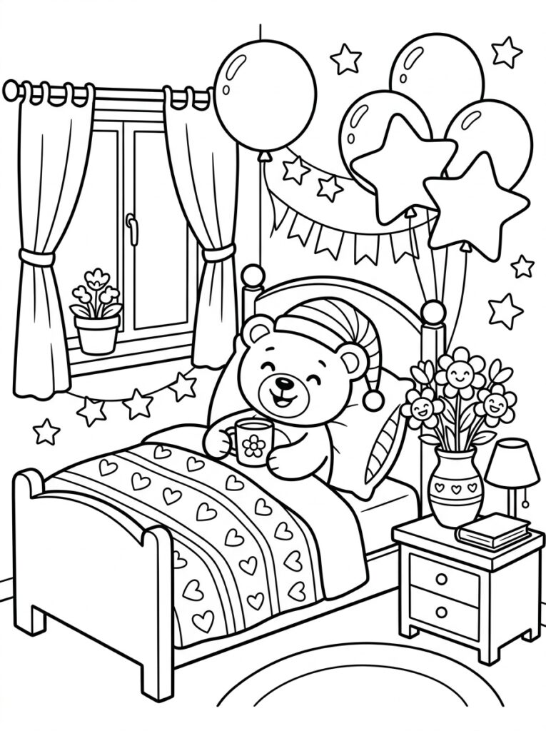 Beertje in bed met mok tussen ballonnen en bloemen