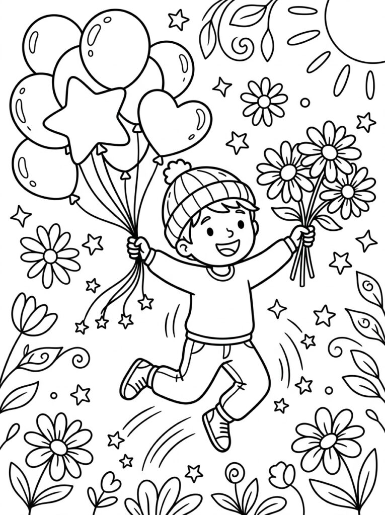 Jongen springt met ballonnen en bloemen in handen