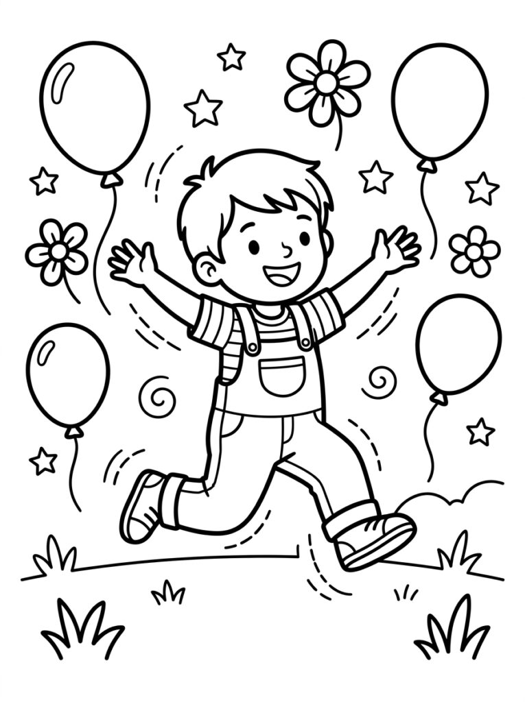 Jongen springt lachend met armen wijd en ballonnen