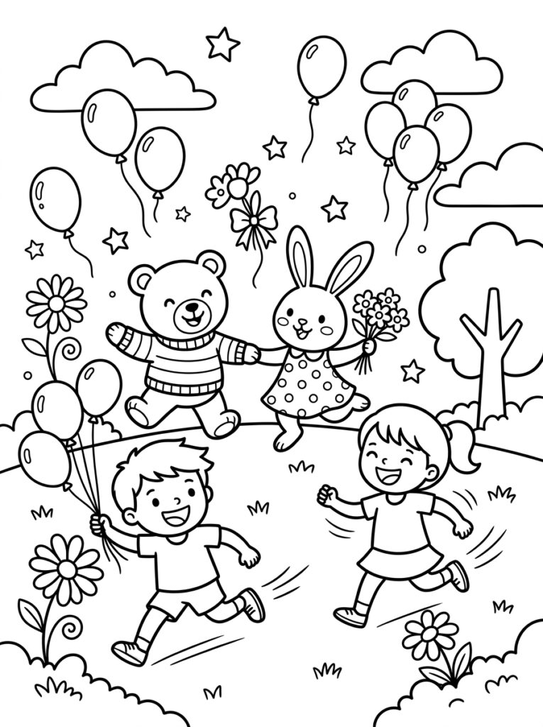 Teddybeer konijn jongen en meisje rennen met ballonnen