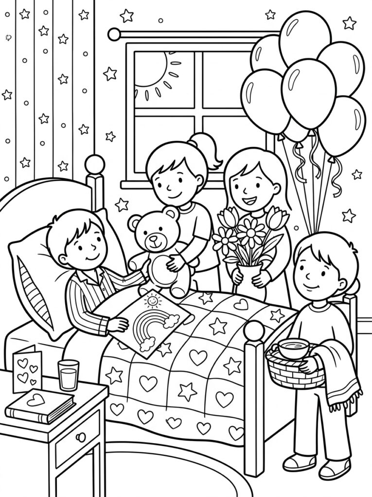 Jongen in bed houdt tekening vast met ballonnen