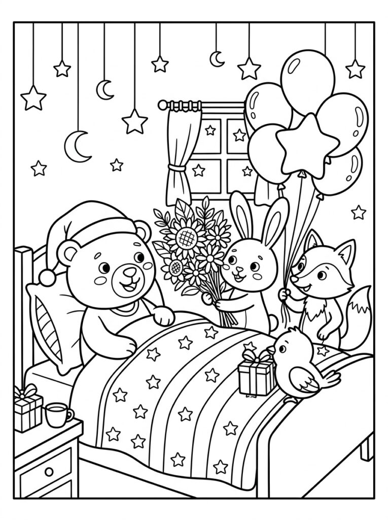 Teddybeer in bed met konijn vos en ballonnen