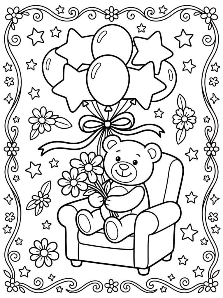 Teddybeer met bloemen in stoel onder ballonnen