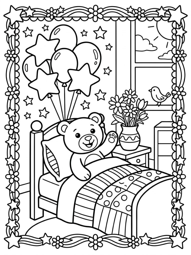 Teddybeer zwaait in bed naast bloemenvaas