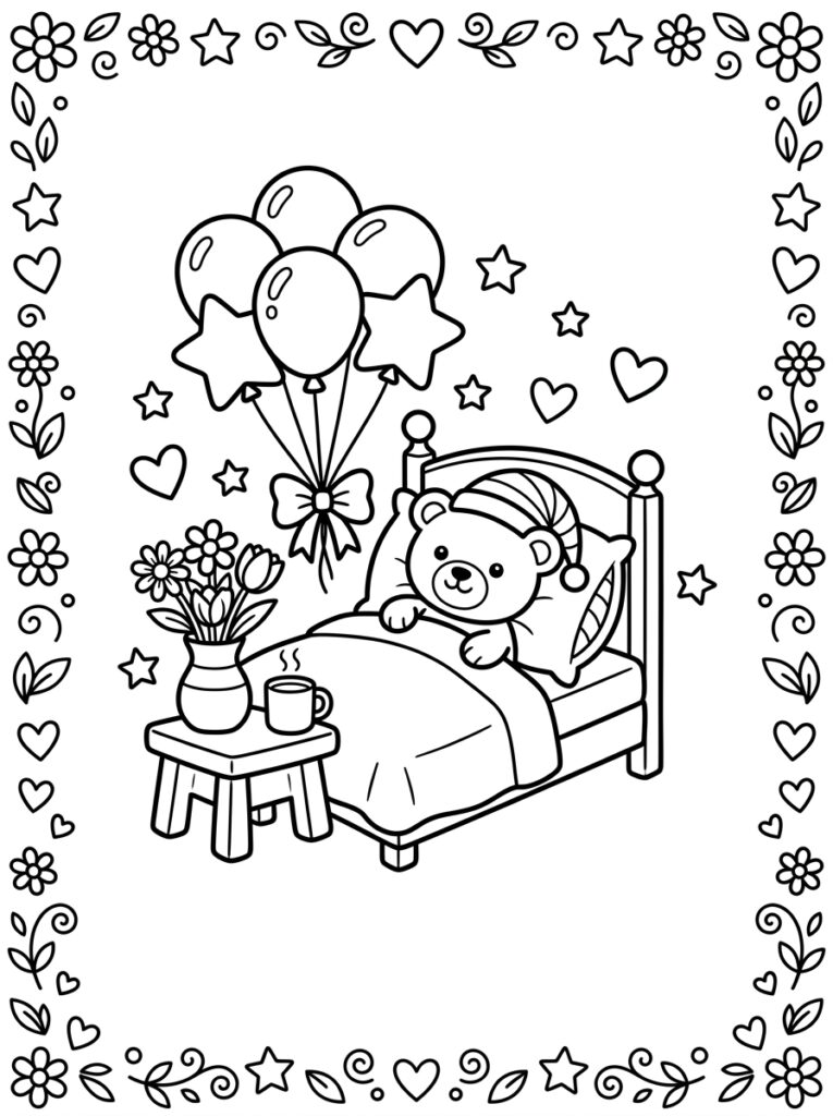 Teddybeer met slaapmuts in bed met mok