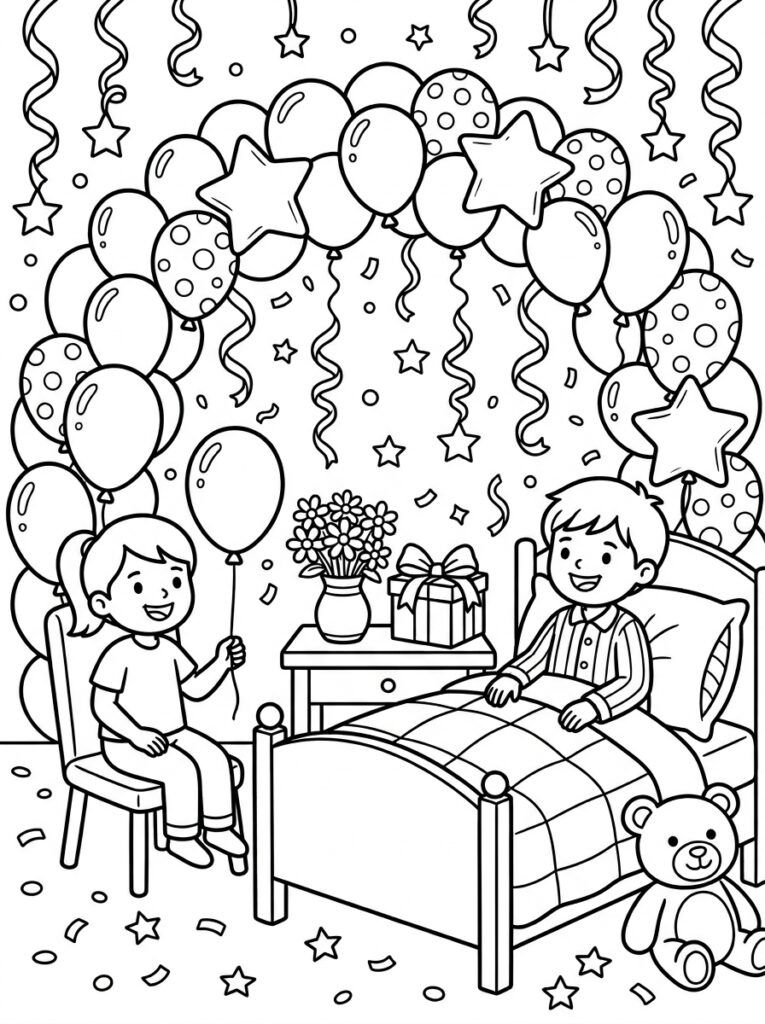 Meisje met ballon bezoekt jongen in bed