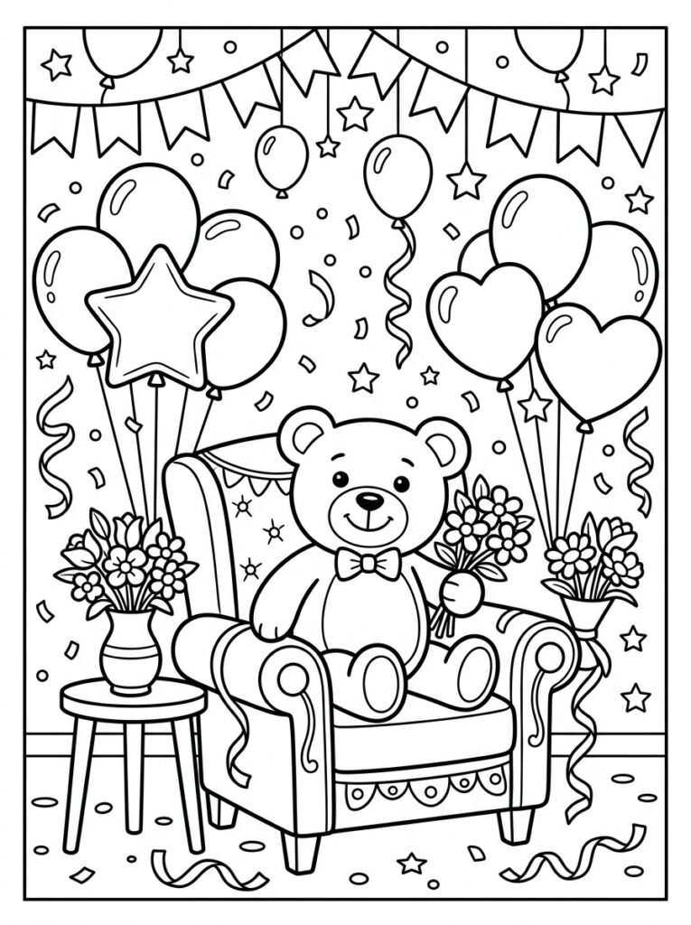Teddybeer met strik in stoel met ballonnen