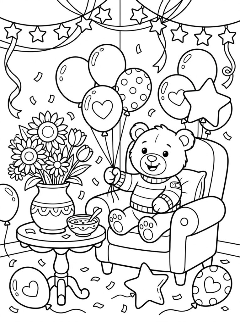 Teddybeer met trui houdt ballonnen vast
