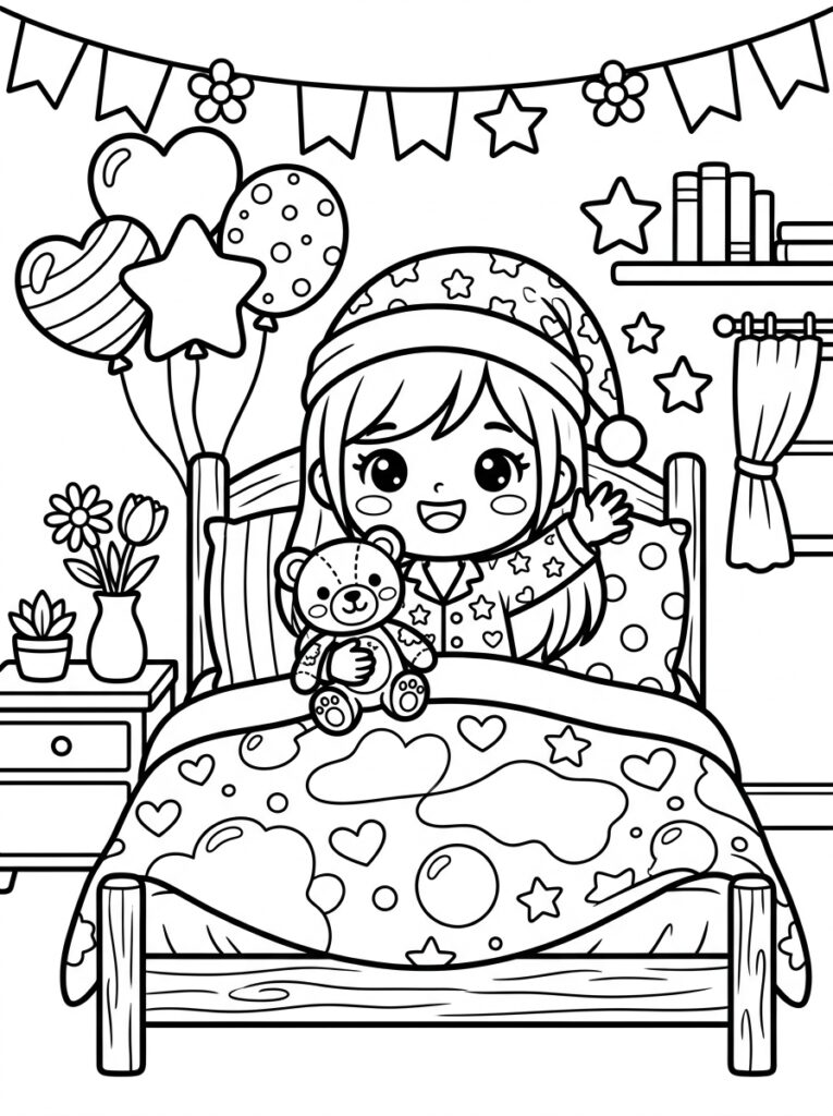 Meisje in bed met teddybeer en ballonnen
