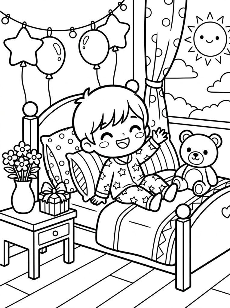 Jongen in bed met teddybeer en cadeau