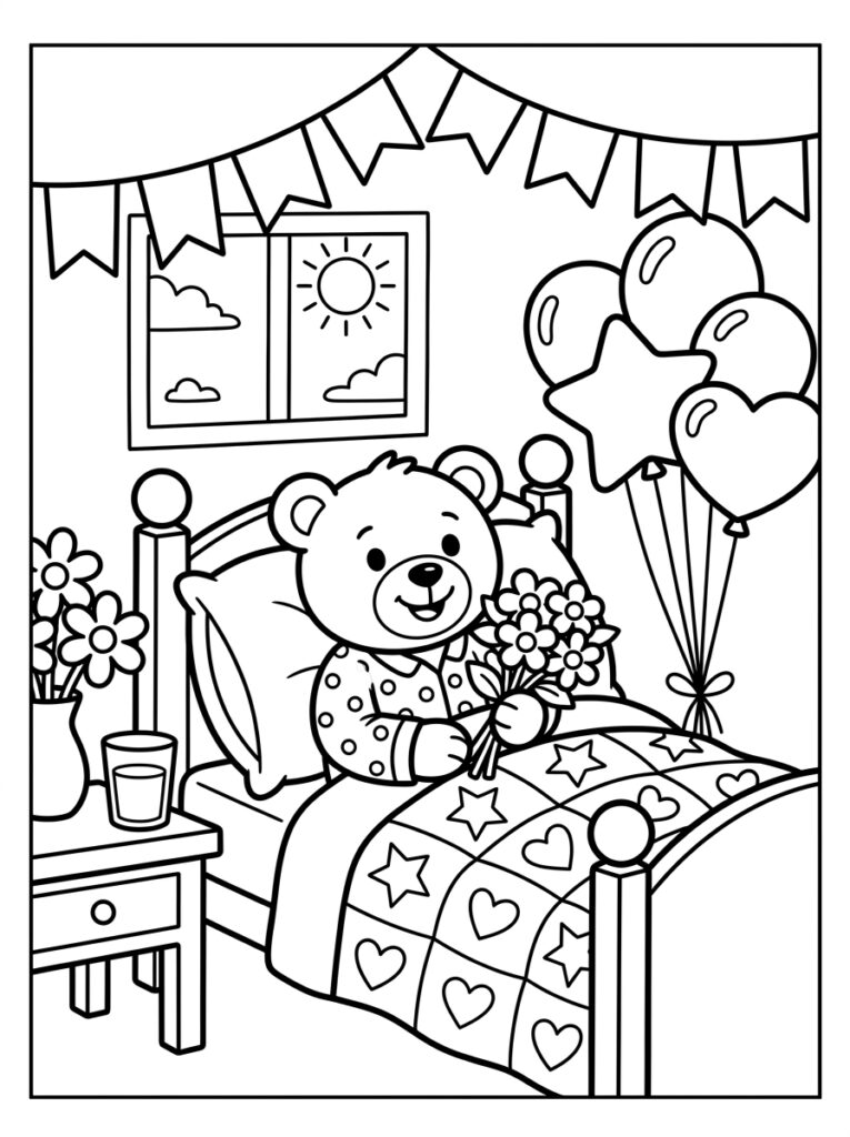 Teddybeer in bed met bloemenboeket